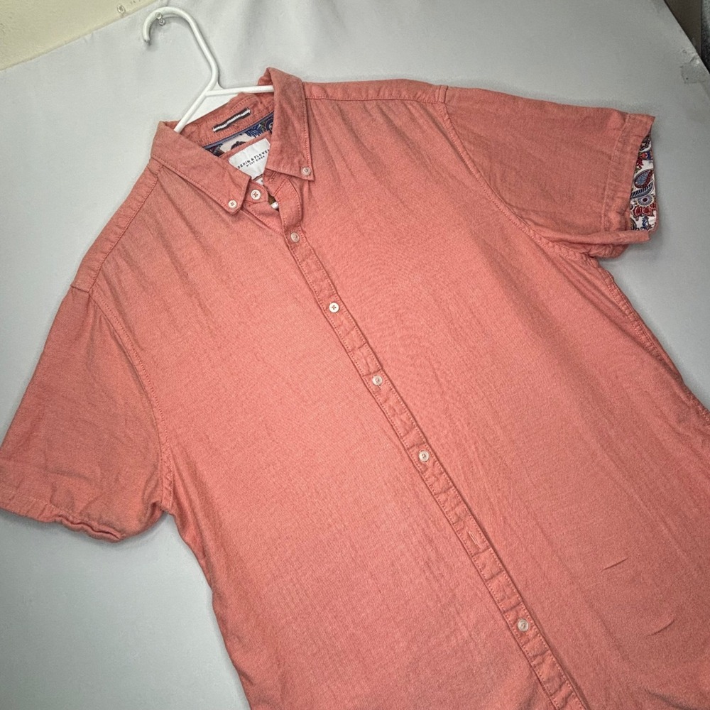 Denim & Flower Shirt Mens L Coral Cotton Short Sleeve Paisley Trim Button Down